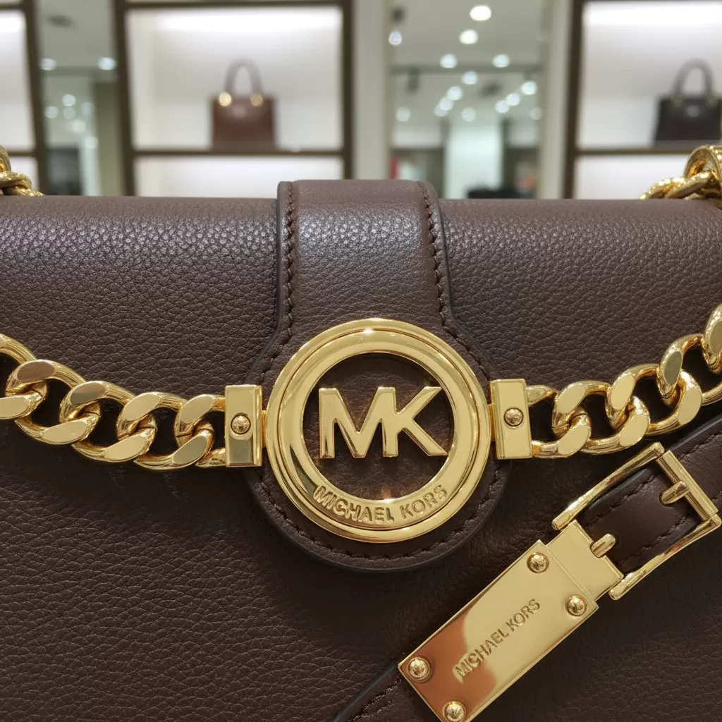 gemini_image_1770814885-1 Logo kim loại sắc nét và phụ kiện sáng bóng trên túi chính hãng