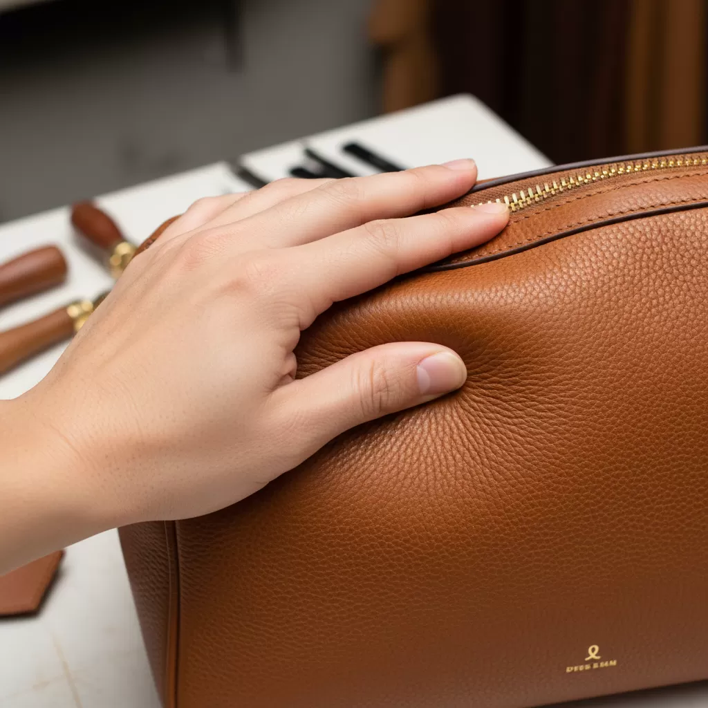 gemini_image_1770818181 Kiểm tra độ đàn hồi là bước quan trọng để xác định chất liệu da thật