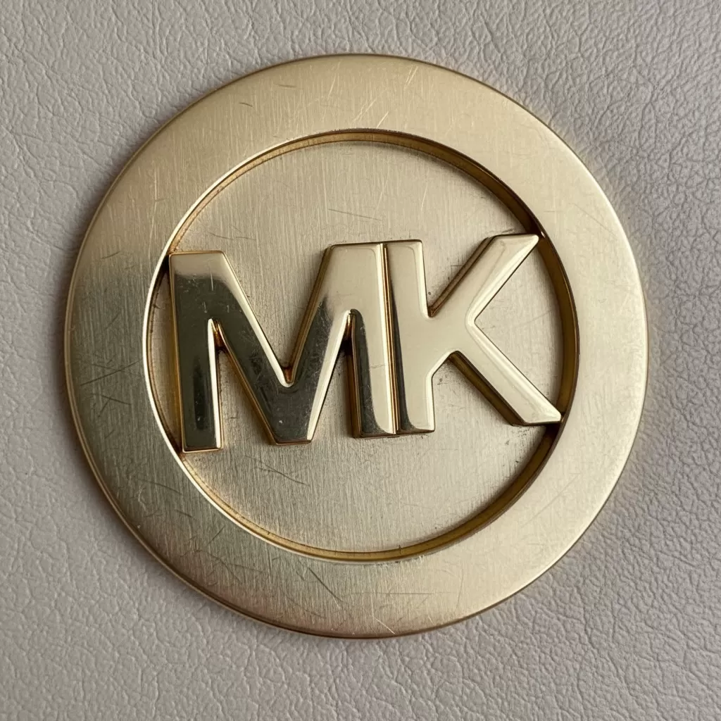 Logo kim loại trên túi Michael Kors thật có độ sáng bóng và chi tiết sắc nét