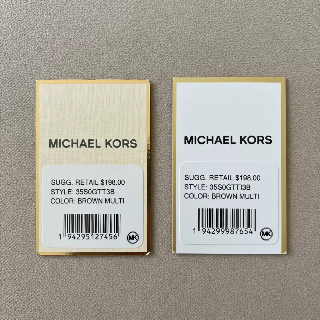 gemini_image_1770818794 Sự khác biệt rõ rệt về màu sắc và phông chữ trên tag giấy của túi Michael Kors thật và giả