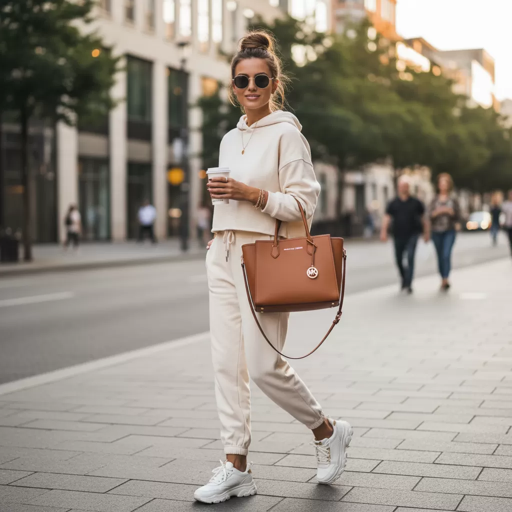 Sự kết hợp giữa túi Michael Kors và áo hoodie tạo nên phong cách dạo phố năng động