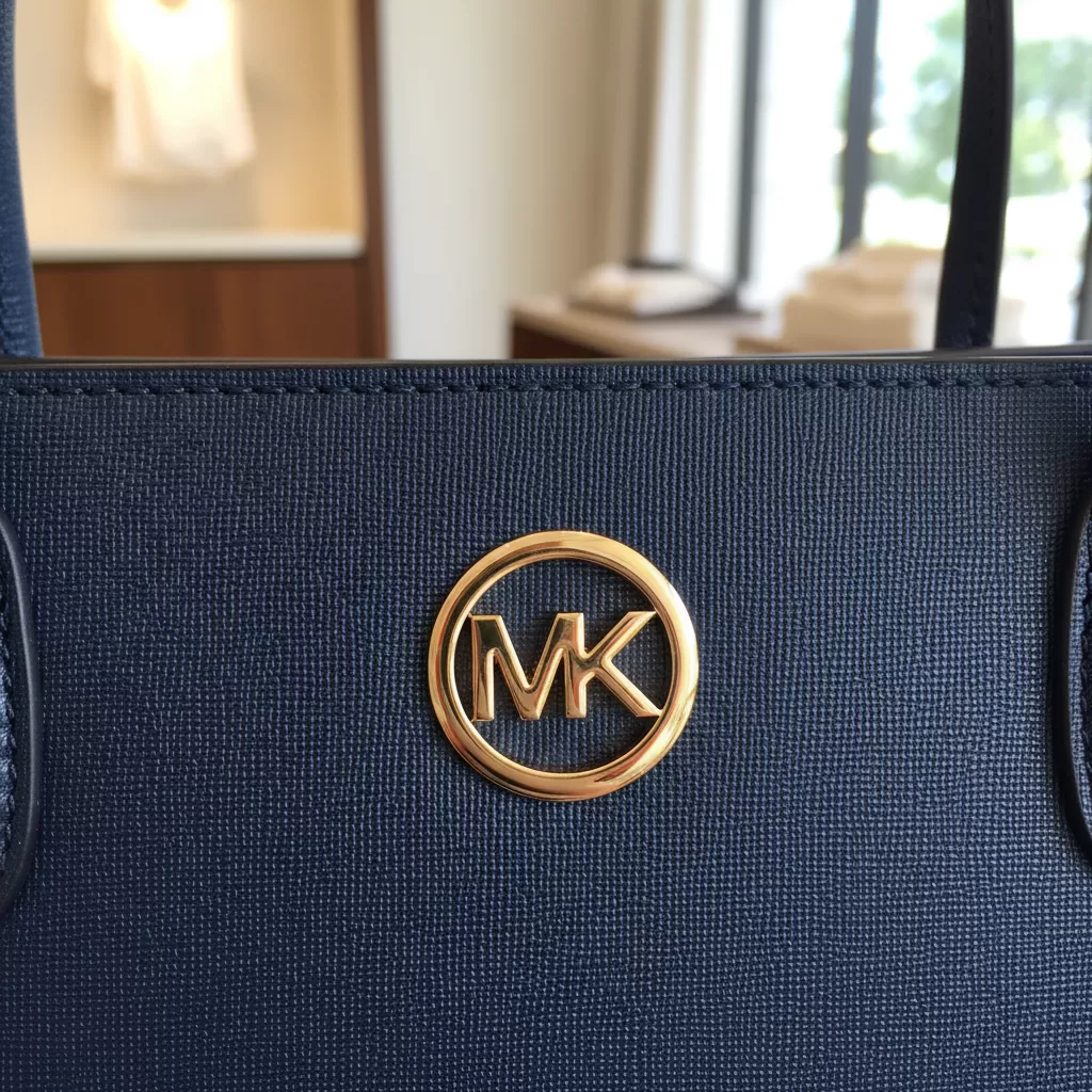 gemini_image_1770827045-1 Chi tiết logo và chất liệu da Saffiano đặc trưng trên túi Michael Kors tote chính hãng