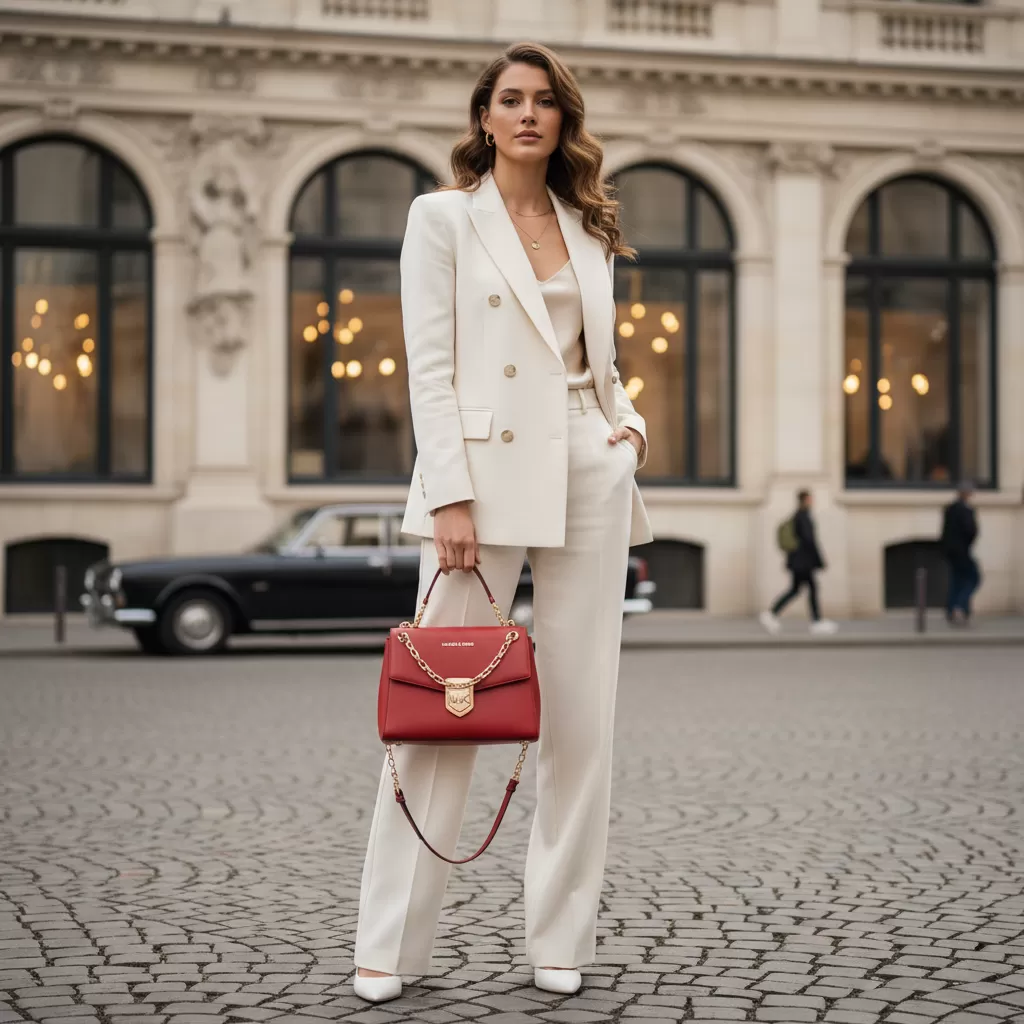 Sự kết hợp hoàn hảo giữa trang phục trắng và túi Michael Kors màu đỏ sang trọng
