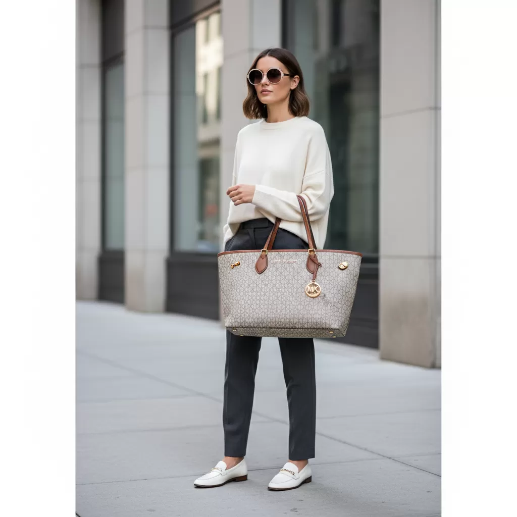 gemini_image_1770831650 Túi Michael Kors họa tiết logo Signature mang lại vẻ đẹp sang trọng và đẳng cấp khi biết cách phối đồ khéo léo