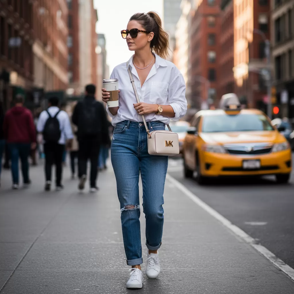 gemini_image_1770831651 Phong cách Casual năng động khi kết hợp túi Michael Kors logo cùng quần jeans và áo sơ mi trắng