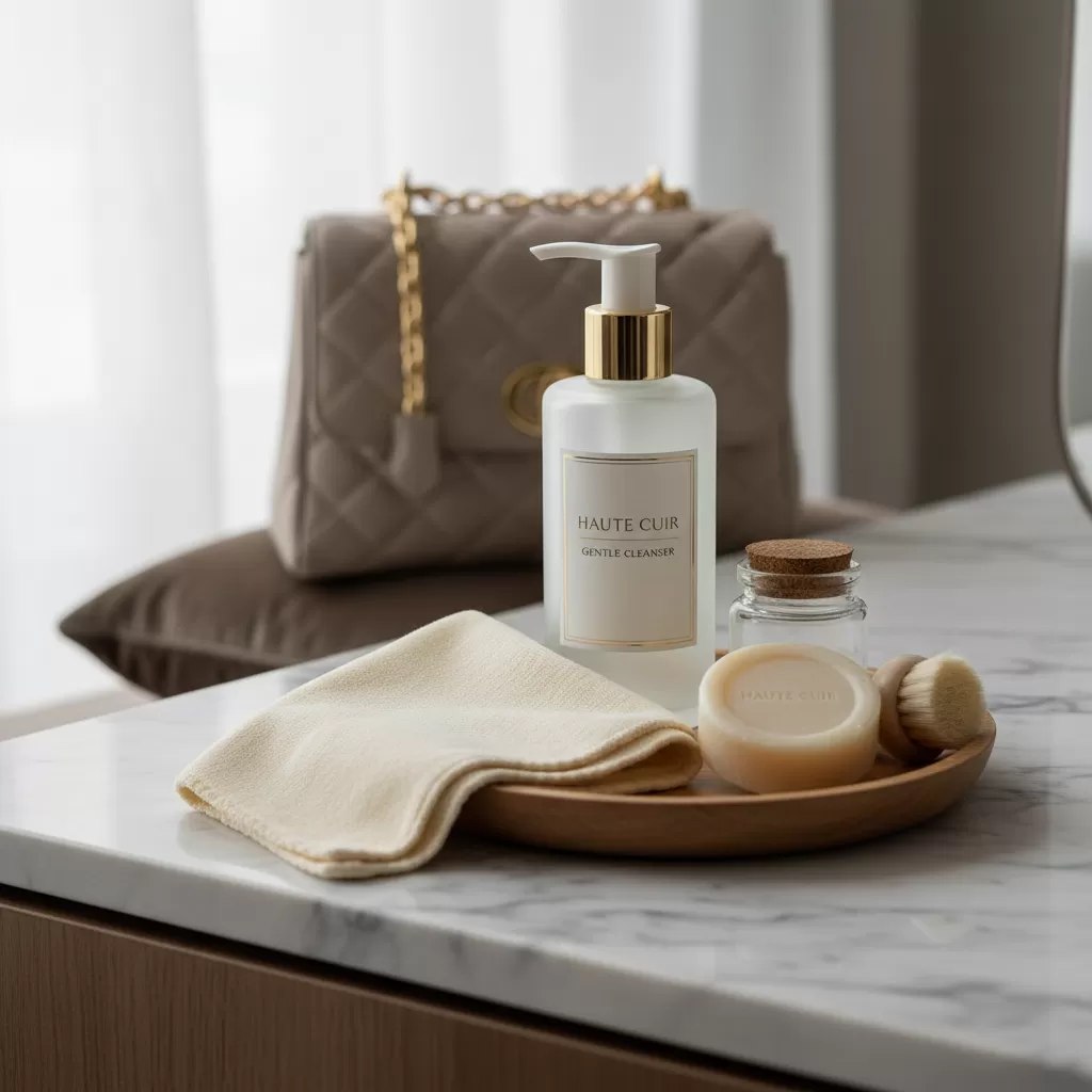 gemini_image_1770833147-1 Chuẩn bị đầy đủ dụng cụ vệ sinh chuyên dụng cho túi xách