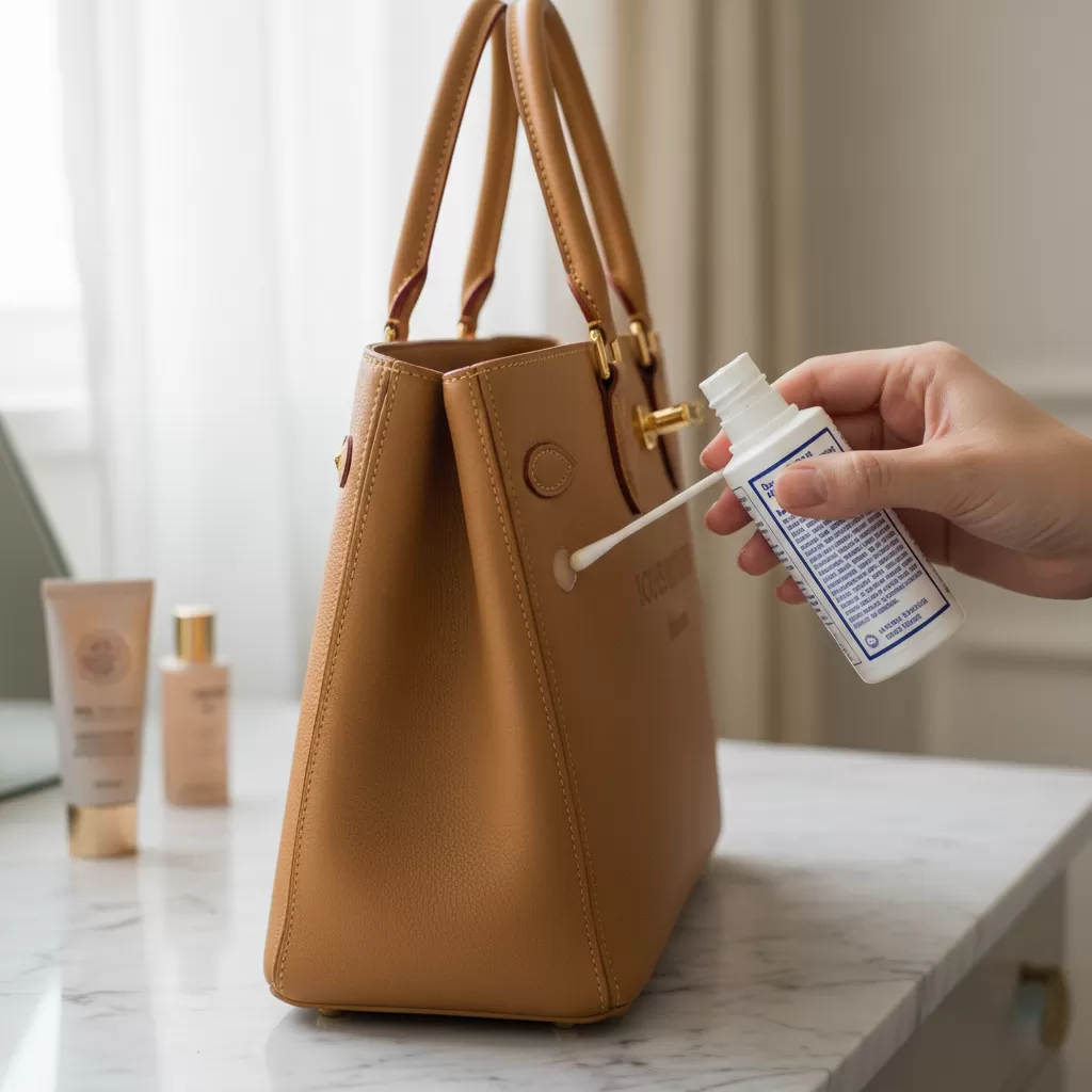gemini_image_1770833455 Luôn kiểm tra phản ứng của dung dịch vệ sinh tại một điểm nhỏ khuất trên túi trước khi thực hiện
