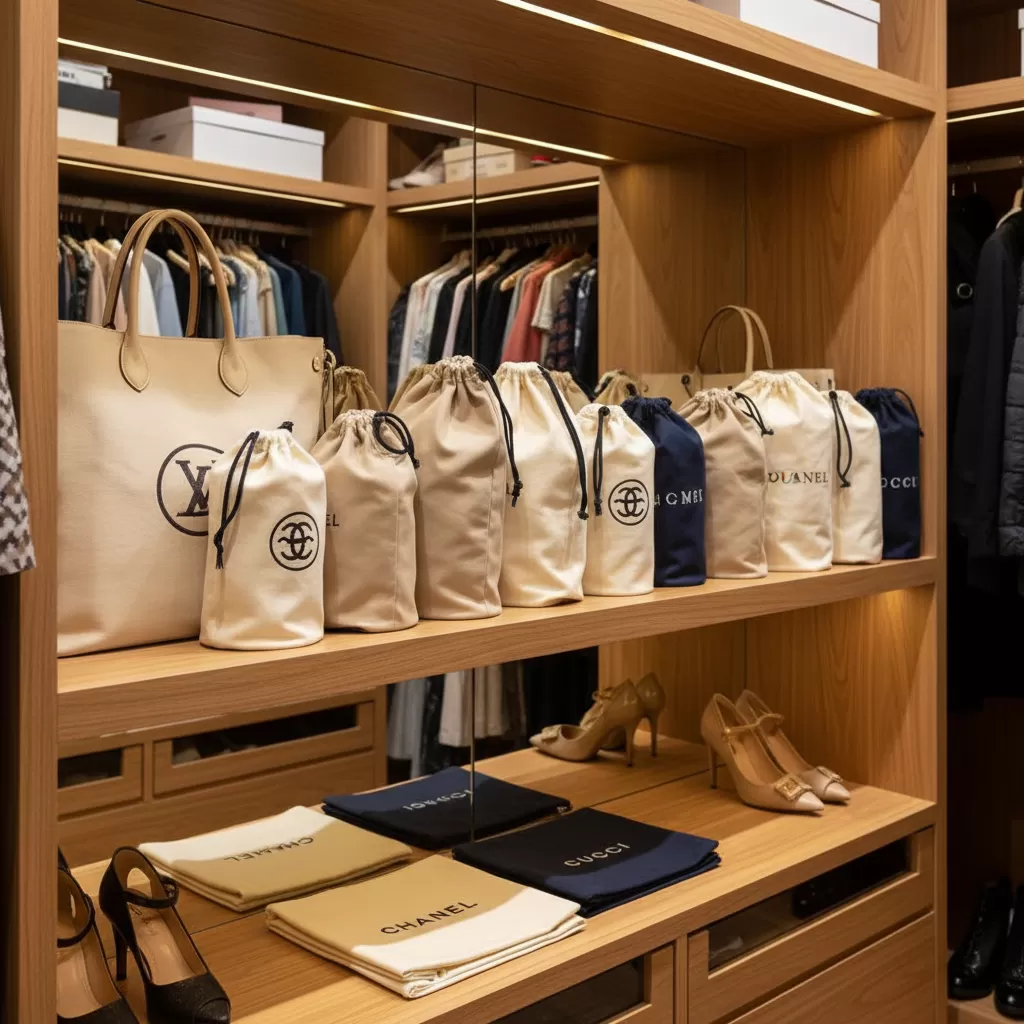 gemini_image_1770833787 Lưu trữ túi trên kệ thoáng mát và sử dụng túi vải bảo vệ chuyên dụng