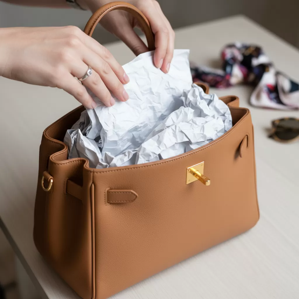 Sử dụng giấy lót không chứa axit để nhét form giúp túi giữ được hình dáng nguyên bản