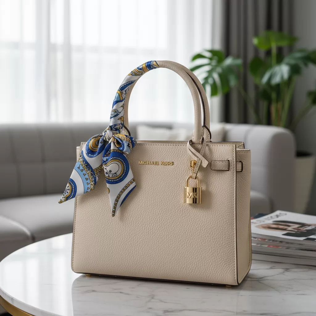 gemini_image_1770835864-1 Sử dụng khăn lụa là cách tuyệt vời để che đi vết xước trên quai túi