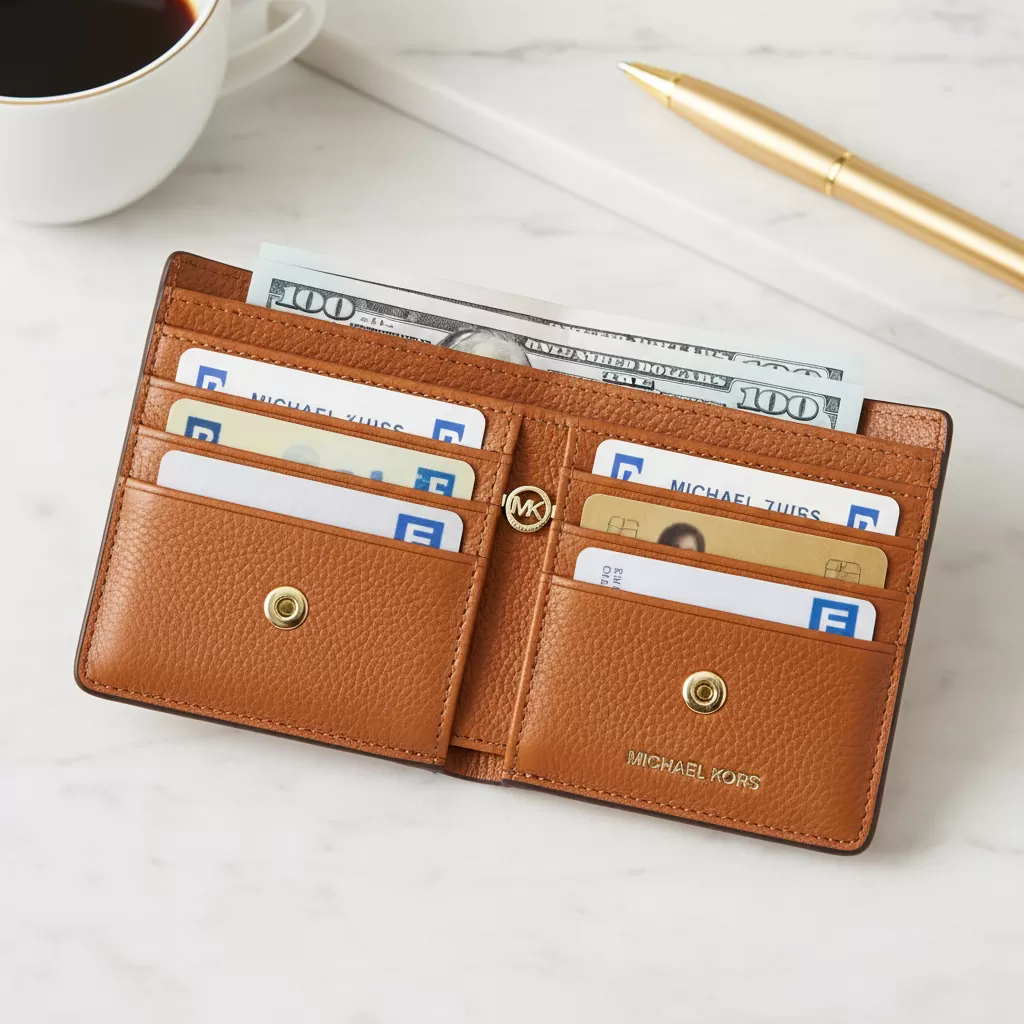 gemini_image_1770838974-1 Thiết kế ngăn chứa thẻ thông minh và khoa học bên trong ví Michael Kors dạng gập