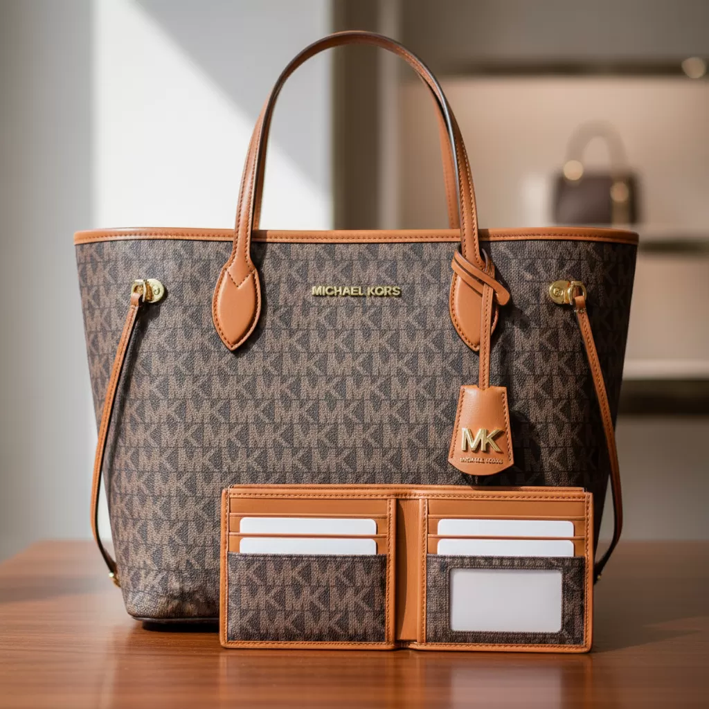 gemini_image_1770840169-1 Họa tiết Logo Signature đặc trưng tạo nên sự đồng nhất tuyệt đối cho bộ đôi túi và ví Michael Kors