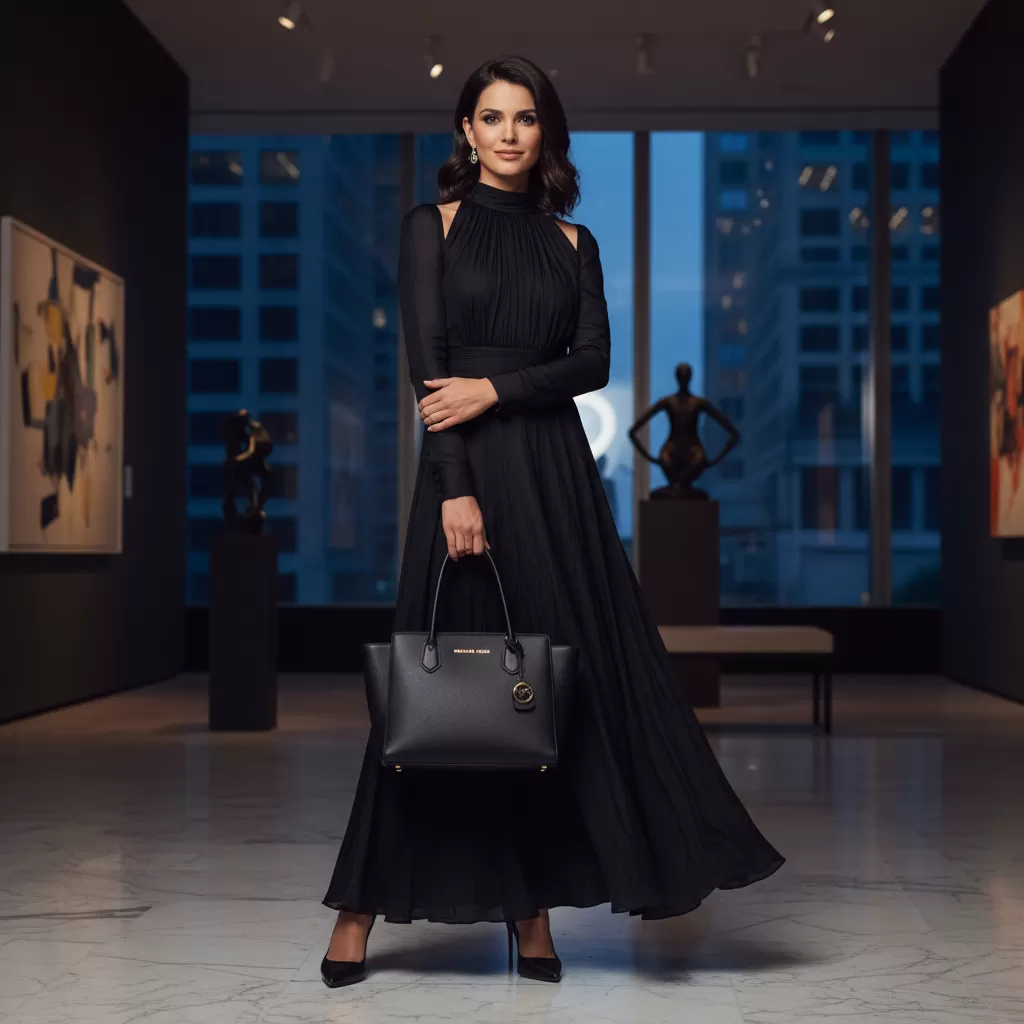 gemini_image_1770840801-1 Phong cách phối giày và túi Michael Kors đồng màu đen mang lại vẻ ngoài chuyên nghiệp và quyền lực