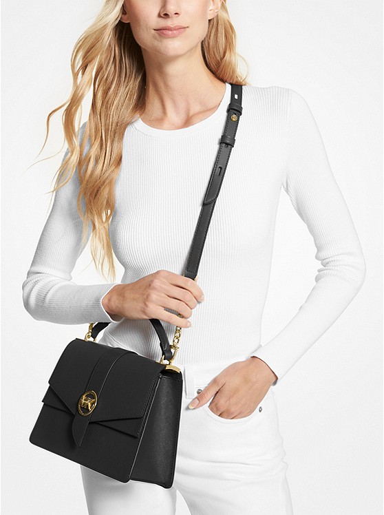 Túi Xách Michael Kors Màu Đen Đeo Chéo Size Trung 30H1GGRS2L Greenwich MD Satchel Leather Black.