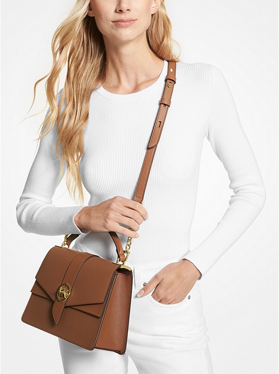 Túi Xách Michael Kors Màu Nâu Đeo Chéo Size Trung 30H1GGRS2L Greenwich MD Satchel Leather Luggage