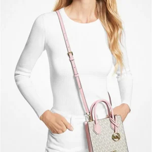 Túi Michael Kors Nữ Mini Màu Trắng Phối Hồng 35T1GM9C0I Mercer Extra-Small Logo and Leather Crossbody Bag