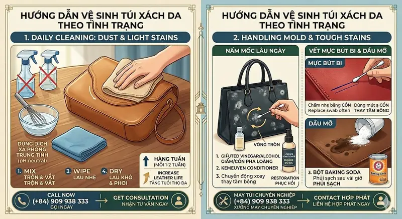 cach-ve-sinh-tui-xach-da-3 Thao tác nhẹ nhàng bằng tăm bông giúp kiểm soát vùng cần tẩy rửa